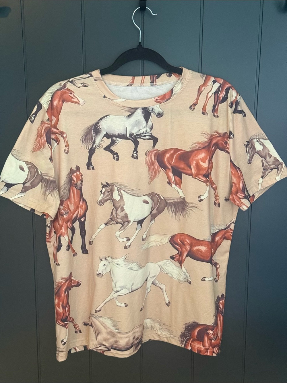 🐴 Women’s Tan Horse Equine Print Crewneck Tee T-shirt - Size XL